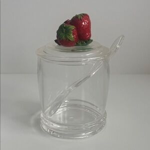 Vintage Lucite Acrylic Strawberry Lidded Jam Jar Clear with Spoon Cottagecore 5"